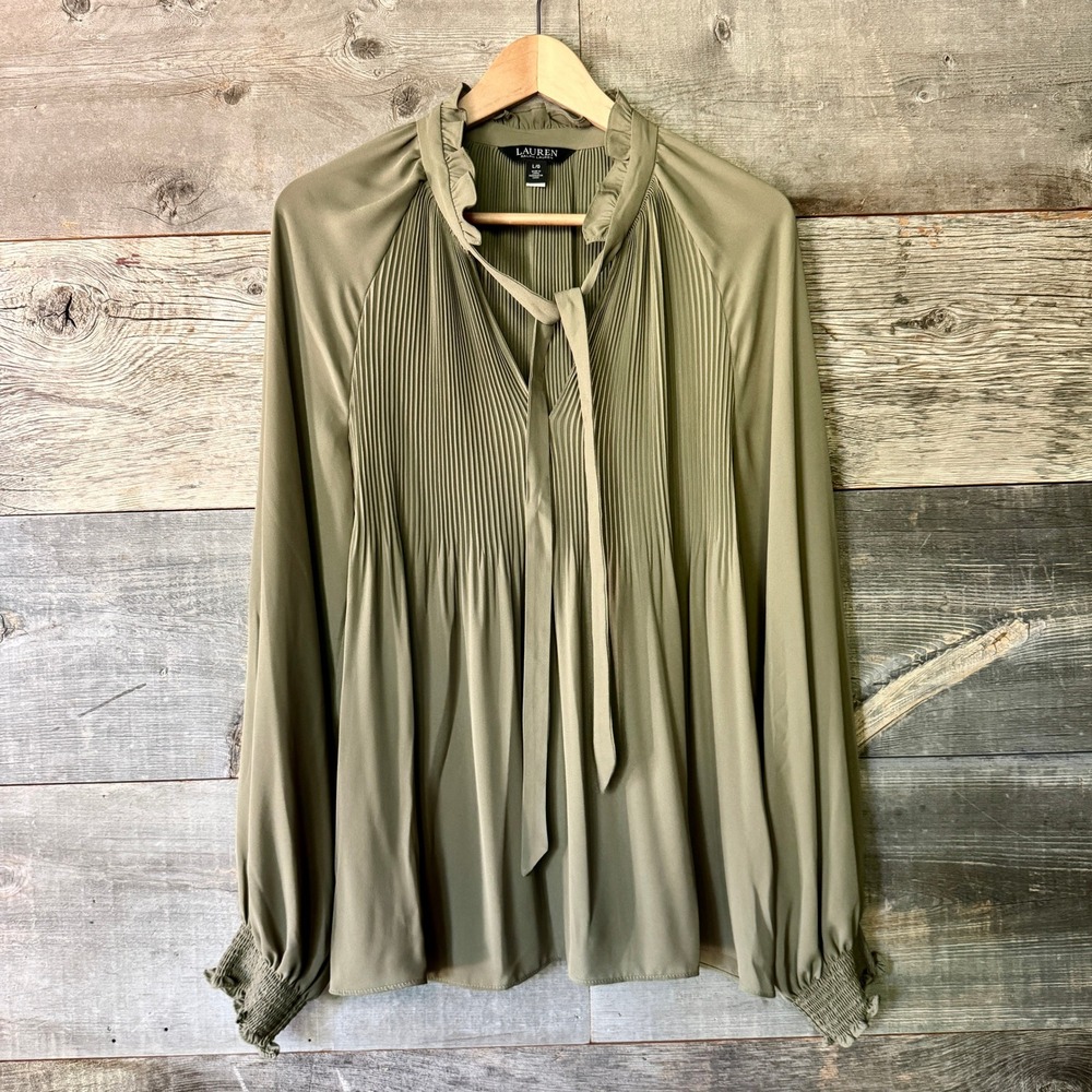 Lauren Ralph Lauren Pleated Georgette Tie Neck Blouse L Olive Green Feminine
